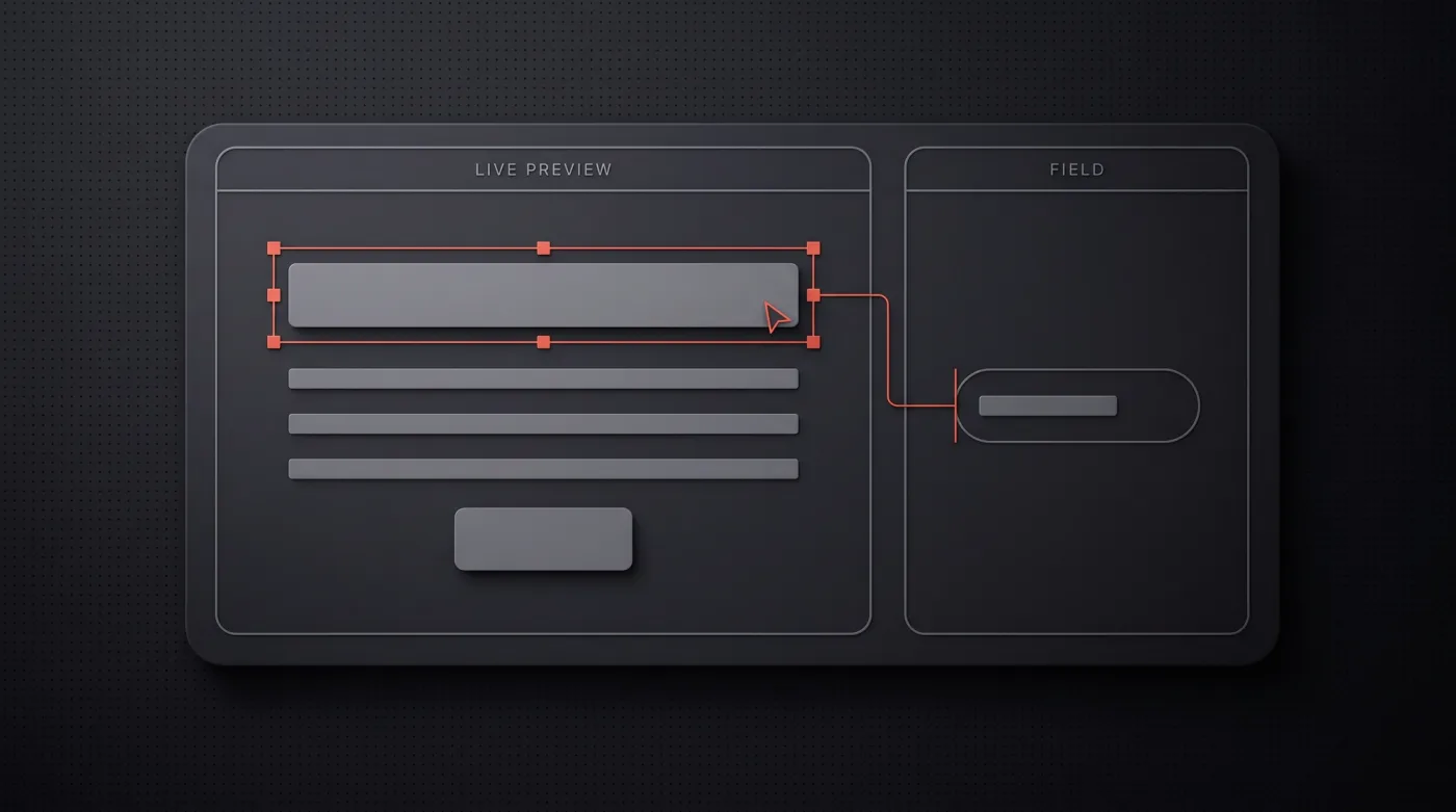 Sanity Presentation Mode: ein Klick auf den Text in der Live-Vorschau öffnet rechts das passende Feld im Studio
