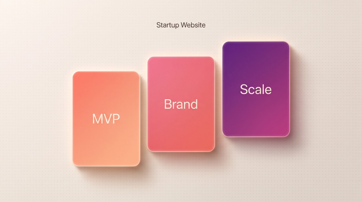 Helles Thumbnail zum Thema Startup-Website: drei aufsteigende Farbpanels in Koralle, Rosé und Pflaume mit den Stufen MVP, Brand und Scale.