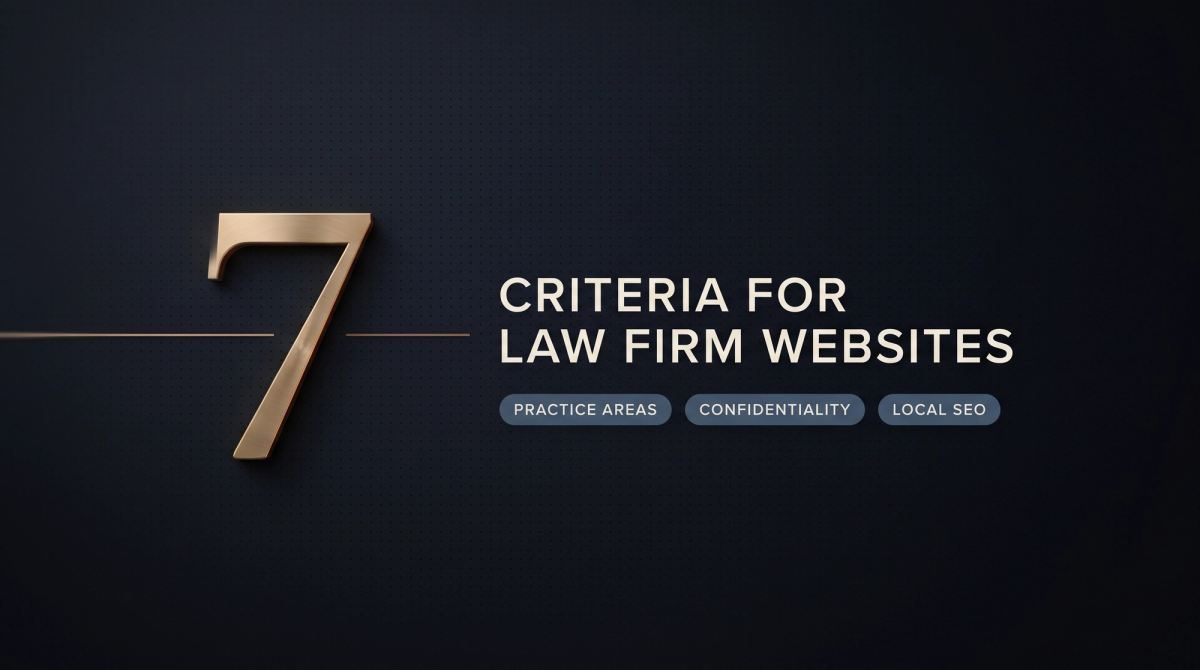 Dunkles Thumbnail zum Thema Agentur für Kanzlei-Websites: eine große Ziffer 7 in Messingoptik neben der Beschriftung Criteria for Law Firm Websites und drei Chips mit Practice Areas, Confidentiality und Local SEO.