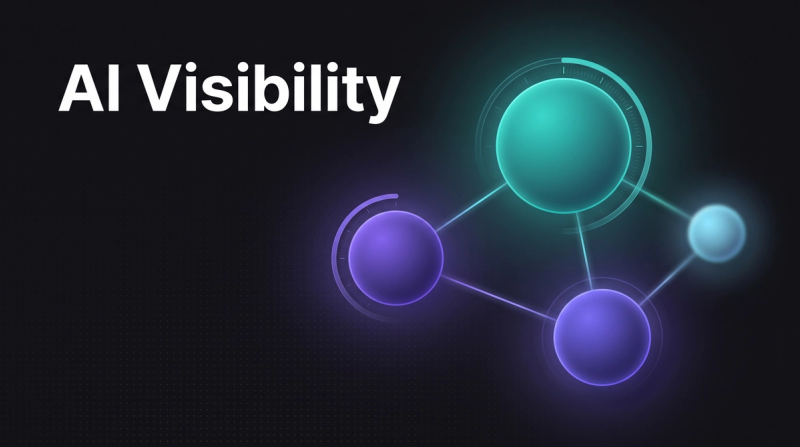 Dark thumbnail on measuring AI visibility: four glowing nodes in turquoise and violet, connected as a network, with measuring ring arcs.