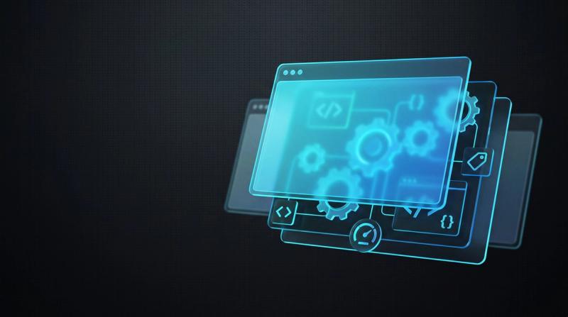 Dunkles Thumbnail zum Thema technisches SEO: ein Website-Fenster mit leuchtenden Zahnraedern, Code-Klammern und einer Speed-Anzeige als technische Basis.