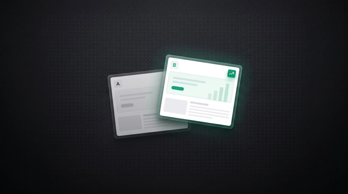 Dunkles Thumbnail zur Conversion-Optimierung: ein A/B-Test mit zwei Seiten-Varianten, Variante B gruen hervorgehoben als Gewinner mit Aufwaertspfeil und Balkendiagramm.