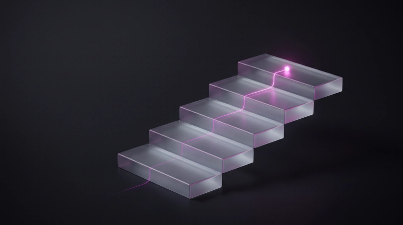 Ascending glass staircase with a pink glowing light trail, a symbol for growth and startup websites