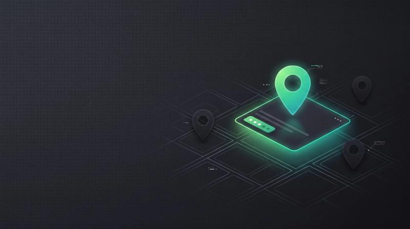 Dunkles Thumbnail zum Thema Local SEO: eine Karte mit einem gruenen Standort-Pin auf einer hervorgehobenen lokalen Business-Karte mit Sternebewertung.