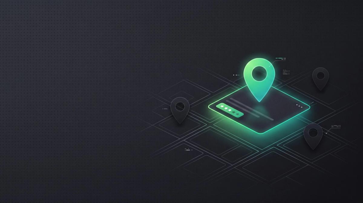 Dunkles Thumbnail zum Thema Local SEO: eine Karte mit einem gruenen Standort-Pin auf einer hervorgehobenen lokalen Business-Karte mit Sternebewertung.