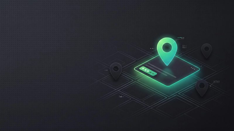 Dark thumbnail on local SEO: a map with a green location pin on a highlighted local business card with a star rating.