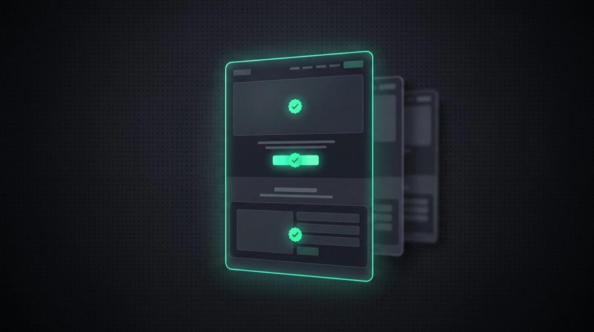 Dunkles Thumbnail zum Thema Landingpage optimieren: eine Landingpage mit gruenen Haekchen an Hero, CTA-Button und Formular.
