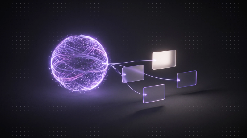 Violet glowing particle sphere with connected glass cards, a symbol for AI answers and sources when choosing a GEO agency