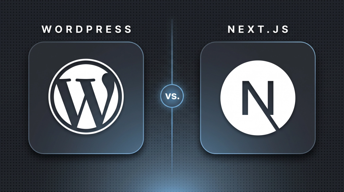 WordPress-Logo und Next.js-Logo auf geteiltem dunklem Hintergrund mit vs-Badge in der Mitte