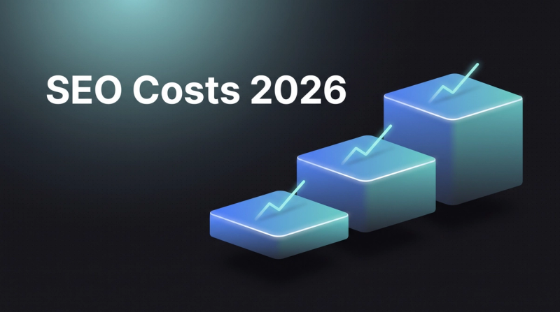 Dunkles Thumbnail zum Thema SEO-Kosten 2026: drei aufsteigende blau-türkise Stufen mit leuchtender Trendlinie.