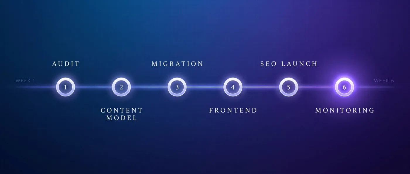 Die sechs Phasen der Migration als Zeitstrahl: Audit, Content-Modell, Migration, Frontend, SEO-Launch und Monitoring ueber sechs Wochen