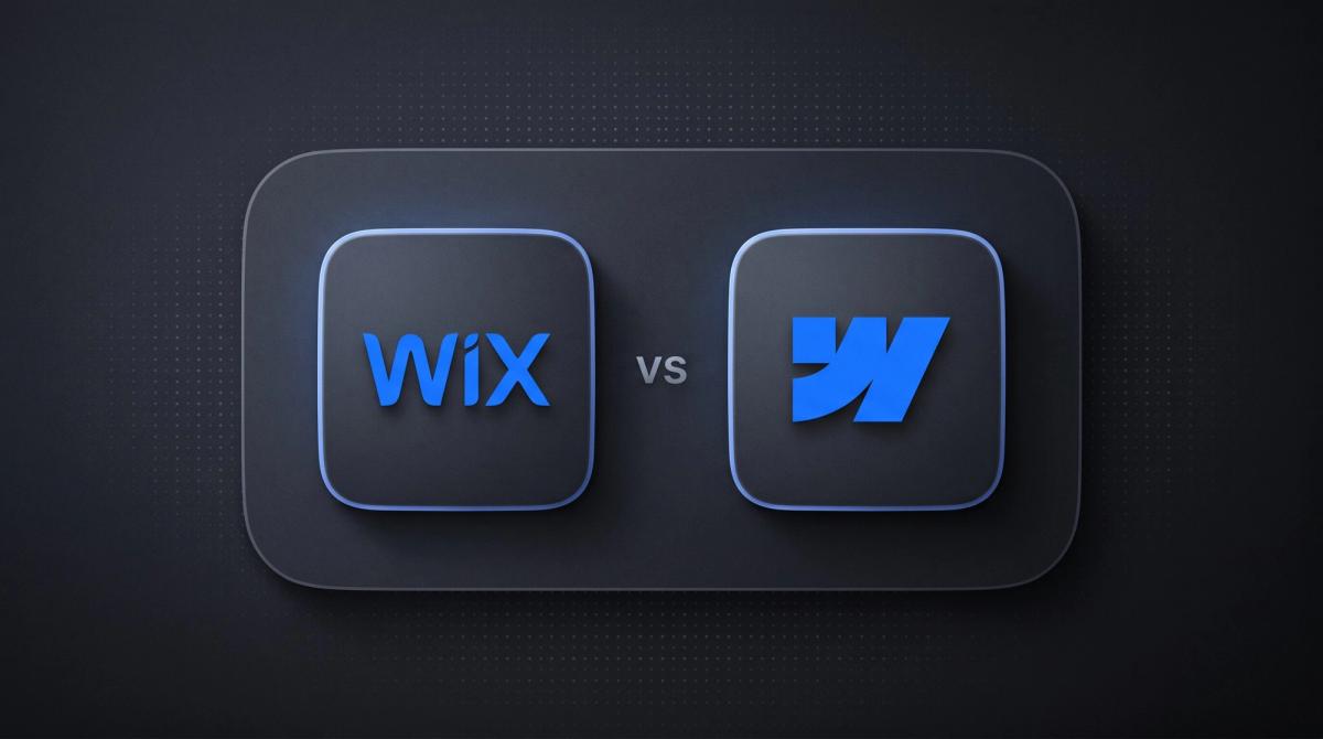 Dunkles Thumbnail zum Vergleich Wix und Webflow: zwei App-Kacheln mit dem Wix- und dem Webflow-Logo, dazwischen ein vs.