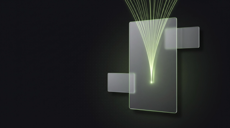 Dark thumbnail on landing pages: a glass panel in which green glowing lines converge on a point like a funnel.