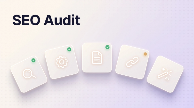 Helles Thumbnail zum Thema SEO-Audit: fünf schwebende Karten mit Icons für Technik, On-Page, Content, Backlinks und KI-Lesbarkeit, teils mit grünem Haken.