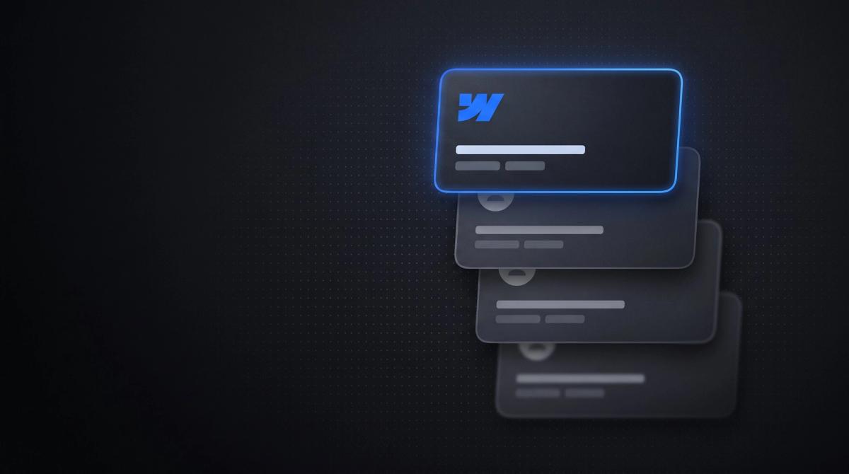 Dunkles Thumbnail zu den besten Webflow-Agenturen: eine Shortlist aus Karten, die oberste hervorgehoben mit dem Webflow-Logo in Webflow-Blau.
