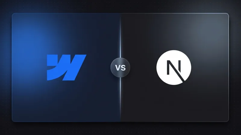 Webflow logo and Next.js logo on a split dark background with a vs badge in the middle