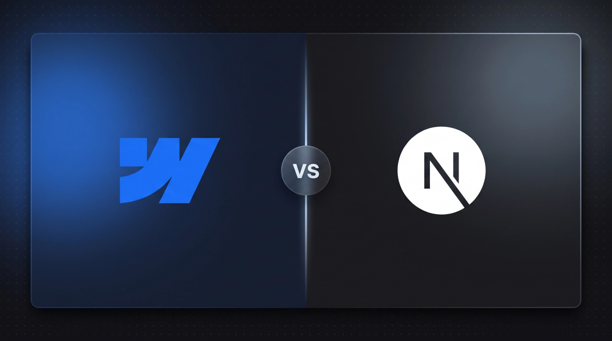 Webflow-Logo und Next.js-Logo auf geteiltem dunklem Hintergrund mit vs-Badge in der Mitte