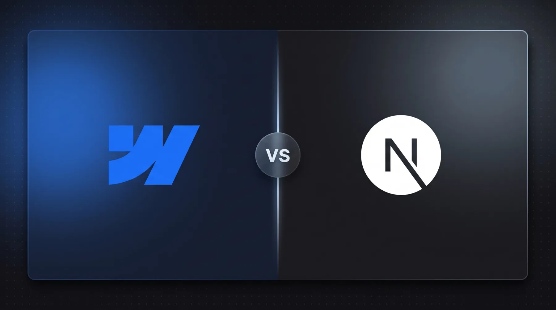 Webflow-Logo und Next.js-Logo auf geteiltem dunklem Hintergrund mit vs-Badge in der Mitte