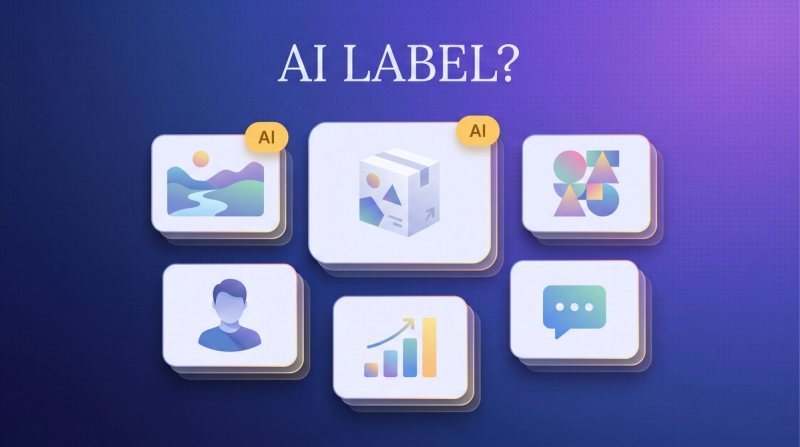 Grid of six image cards, only two carry an AI label, with the question AI Label above