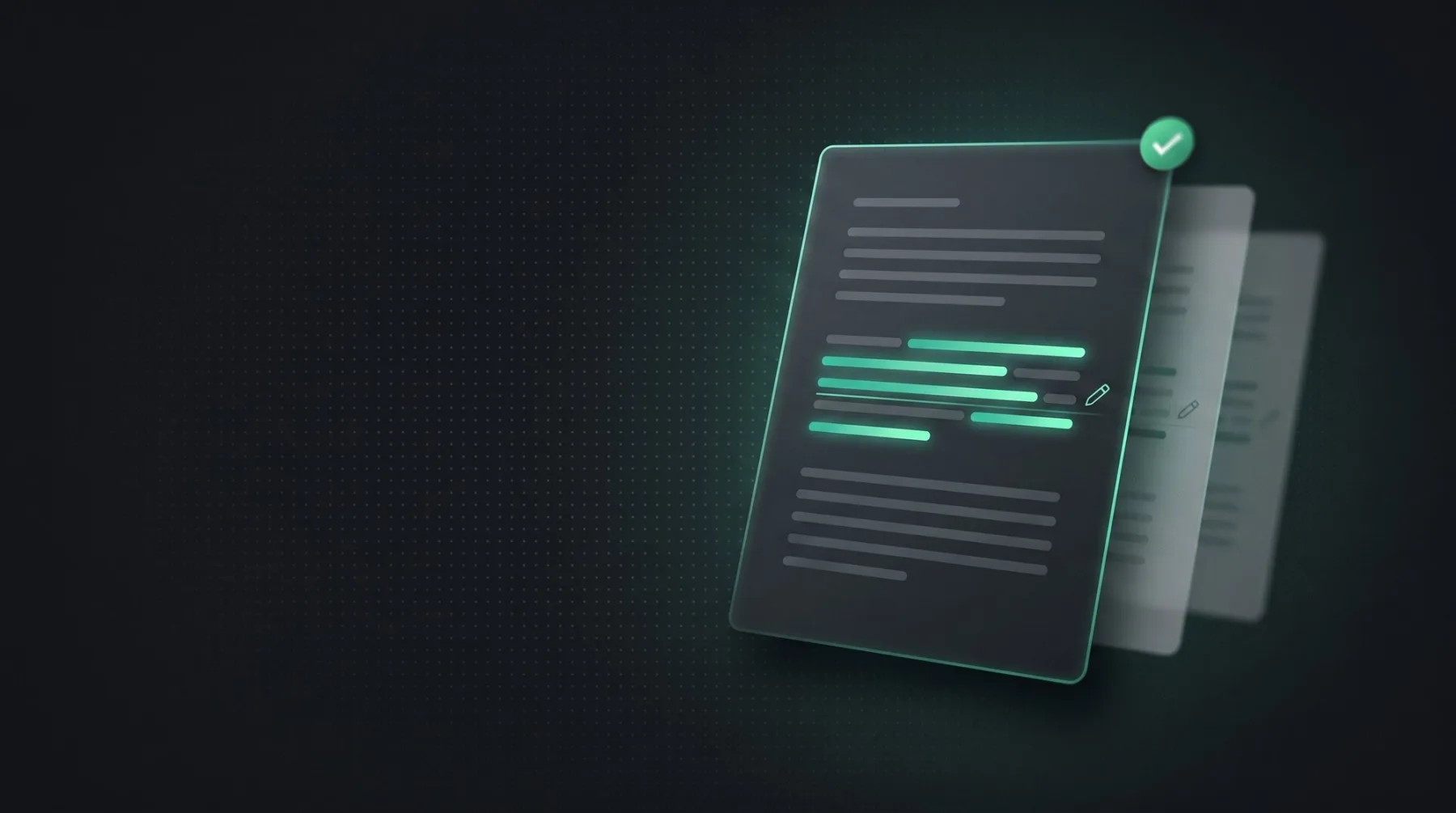 Dark thumbnail on writing SEO copy: a document with keyword lines highlighted in green, a green check mark and a pen icon.