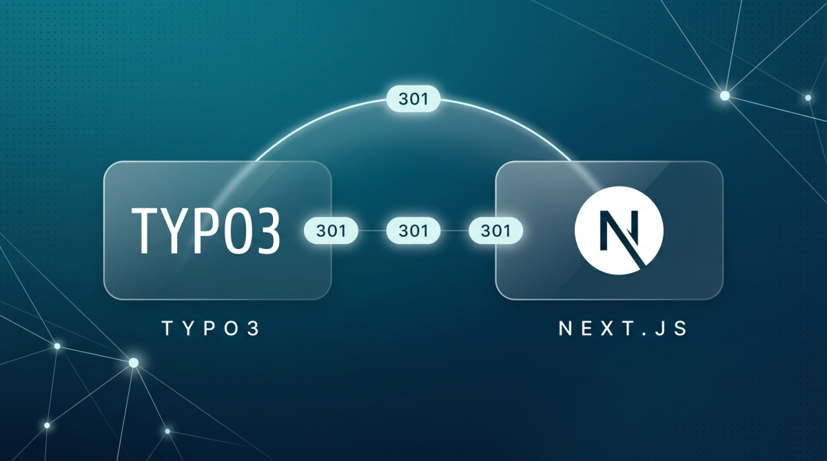 Migration von TYPO3 zu Next.js als Bogen mit drei 301-Weiterleitungen zwischen beiden Logos