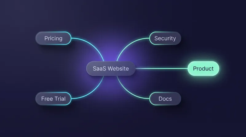 Dark thumbnail on SaaS websites: a flow diagram with the central node SaaS Website, connected to Pricing, Free Trial, Security and Docs, leading on the right into a glowing Product node.