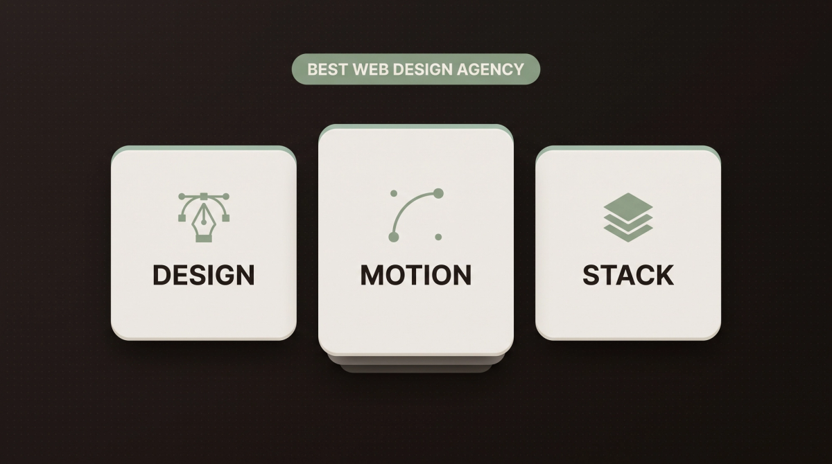 Dunkles Thumbnail zum Thema beste Webdesign-Agentur: drei helle Karten mit salbeigrünen Icons und den Beschriftungen Design, Motion und Stack vor tief espressobraunem Hintergrund.