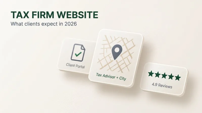 Light thumbnail on websites for tax advisors: three floating cards with a client portal document, a map pin for tax advisor plus city and a five-star review.