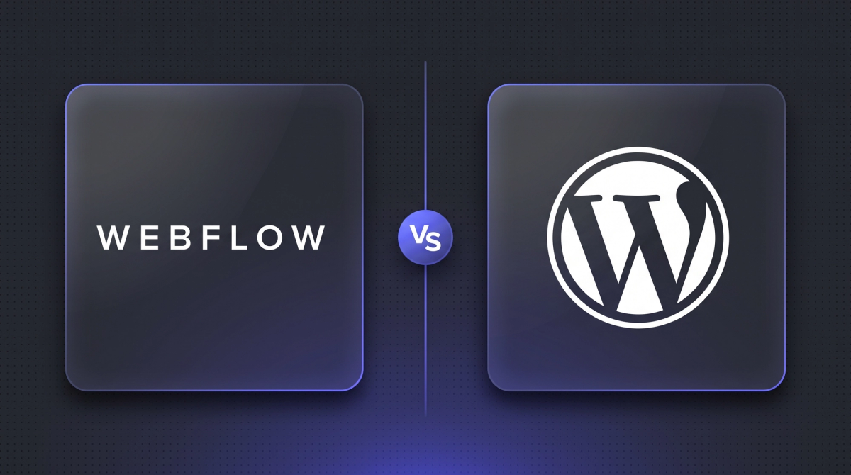 Webflow-Wortmarke und WordPress-Logo auf geteiltem dunklem Hintergrund mit vs-Badge in der Mitte