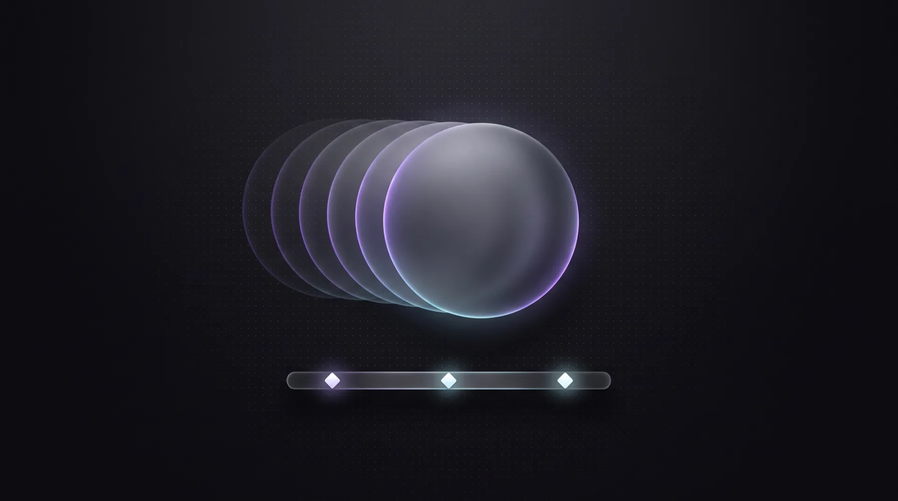 Dark thumbnail on motion design: a glass sphere with four trailing motion paths above a timeline with glowing keyframes.