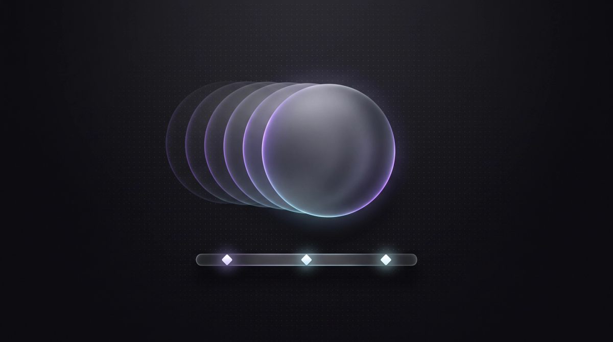 Dunkles Thumbnail zum Thema Motion Design: eine Glaskugel mit vier nachziehenden Bewegungsspuren ueber einer Zeitleiste mit leuchtenden Keyframes.