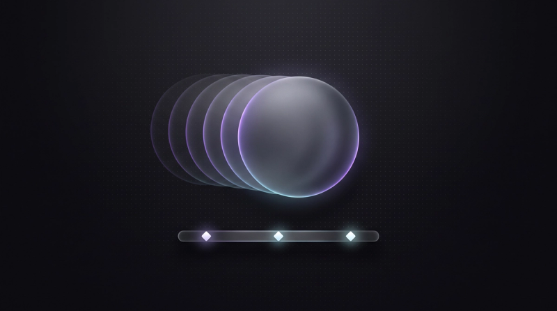 Dunkles Thumbnail zum Thema Motion Design: eine Glaskugel mit vier nachziehenden Bewegungsspuren ueber einer Zeitleiste mit leuchtenden Keyframes.