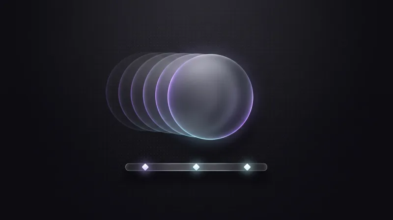 Dark thumbnail on motion design: a glass sphere with four trailing motion paths above a timeline with glowing keyframes.