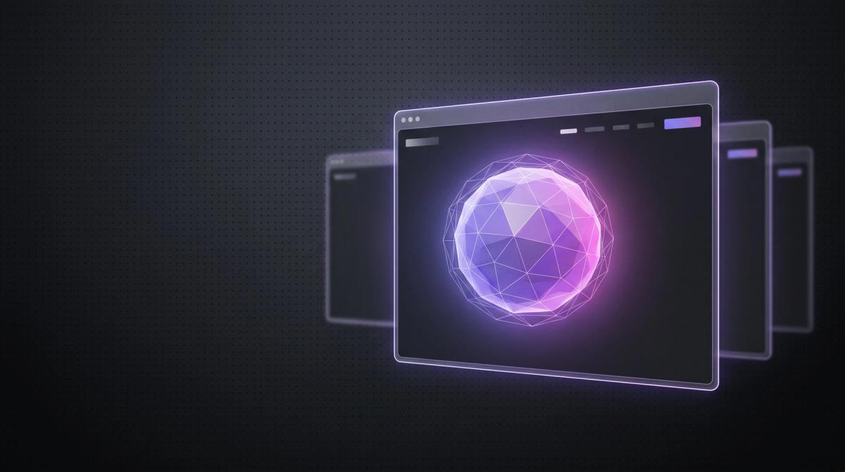 Dunkles Thumbnail zum Thema 3D-Website: ein Browser-Fenster mit einer leuchtenden violetten 3D-Wireframe-Kugel, die aus der Seite ragt.