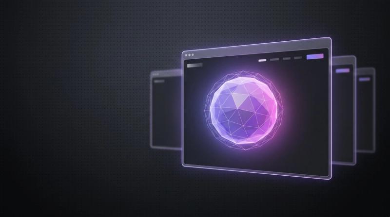 Dunkles Thumbnail zum Thema 3D-Website: ein Browser-Fenster mit einer leuchtenden violetten 3D-Wireframe-Kugel, die aus der Seite ragt.
