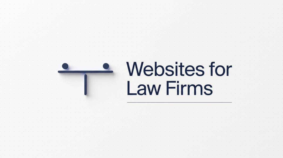 Minimalistisches weißes Thumbnail zum Thema Website für Anwälte: ein dezentes Waagen-Symbol in Navy neben der Headline Websites for Law Firms.