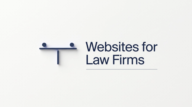 Minimalistisches weißes Thumbnail zum Thema Website für Anwälte: ein dezentes Waagen-Symbol in Navy neben der Headline Websites for Law Firms.