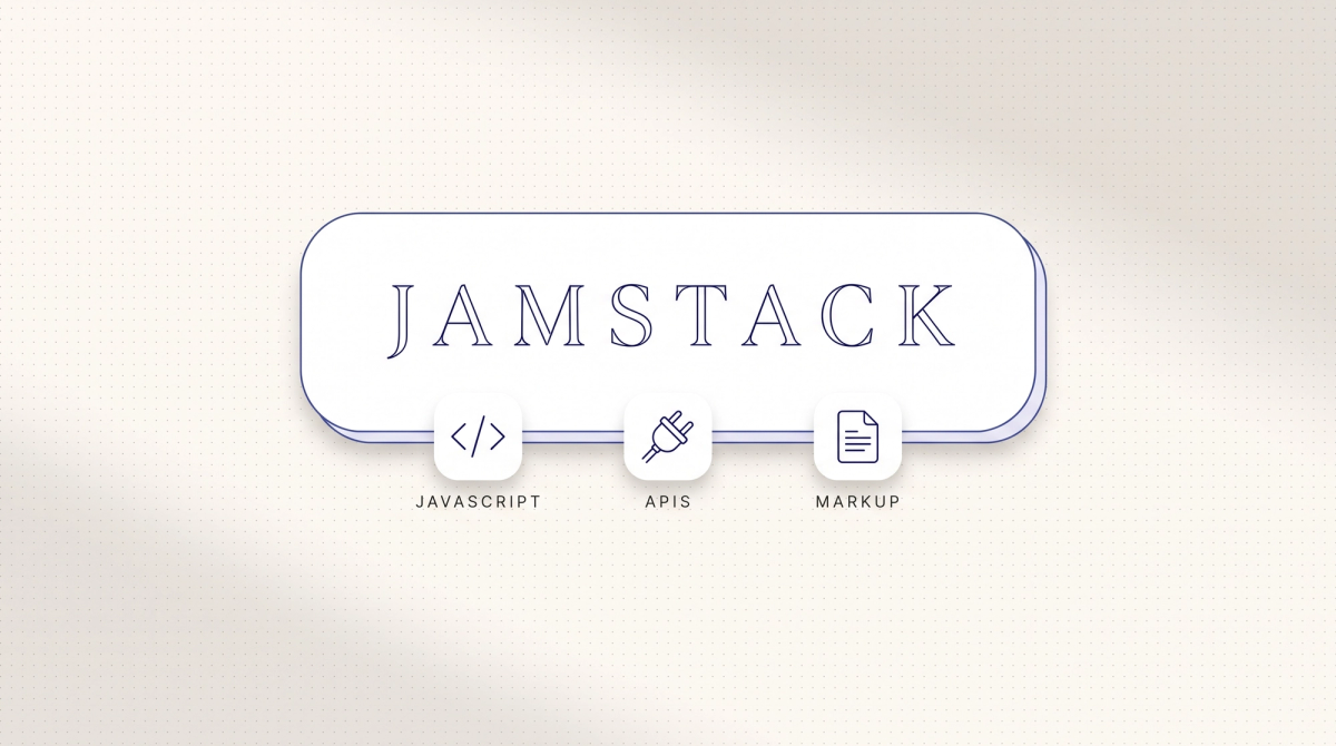 Jamstack als Wortmarke mit den drei Bestandteilen JavaScript, APIs und Markup als Symbole darunter