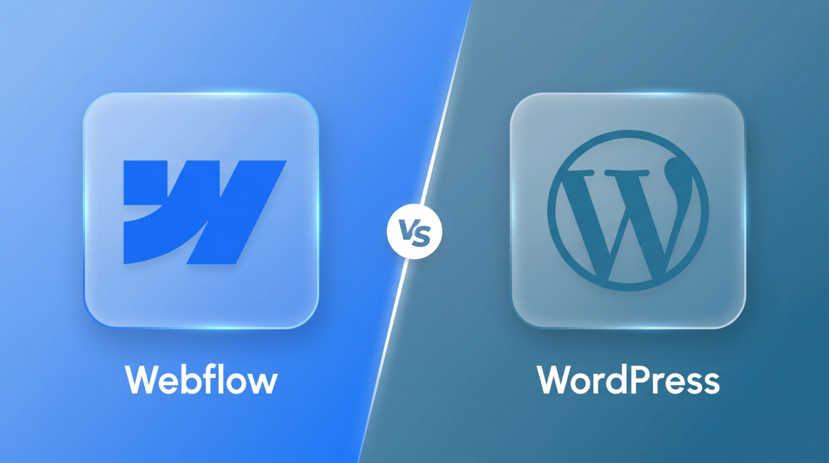 Webflow- und WordPress-Logo in Kacheln gegenübergestellt mit vs-Symbol auf dunklem Hintergrund.