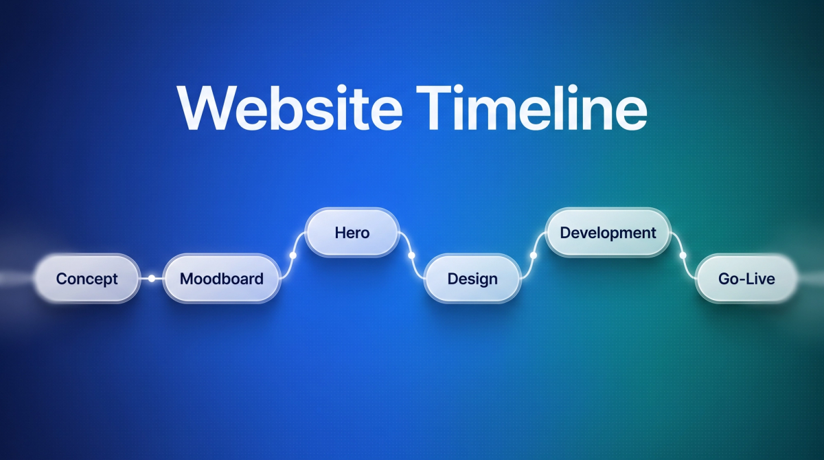 Buntes Thumbnail mit Blau-Teal-Verlauf zum Thema Website-Dauer: sechs verbundene Pills als Zeitleiste von Concept über Moodboard, Hero, Design und Development bis Go-Live.
