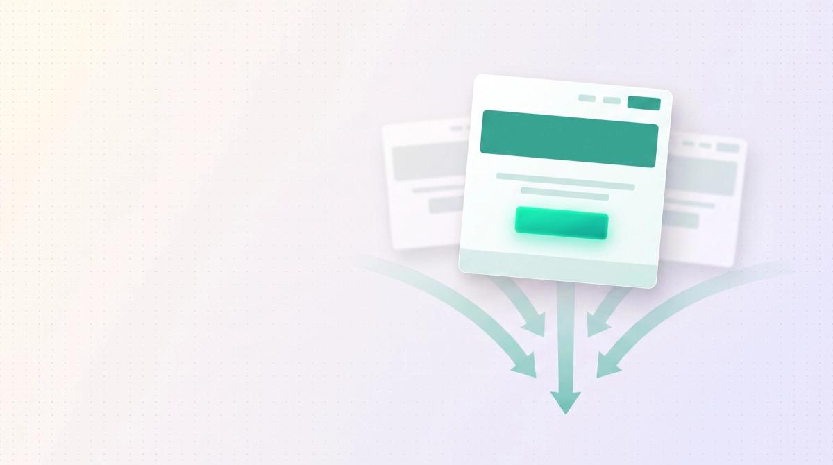 Helles Thumbnail zum Thema Landingpage: eine einzelne Seite mit hervorgehobenem Call-to-Action-Button und Funnel-Pfeilen, die auf ein Ziel zulaufen.