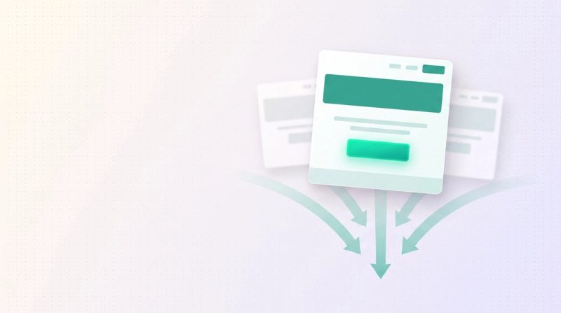 Light thumbnail on landing pages: a single page with a highlighted call-to-action button and funnel arrows converging on a goal.