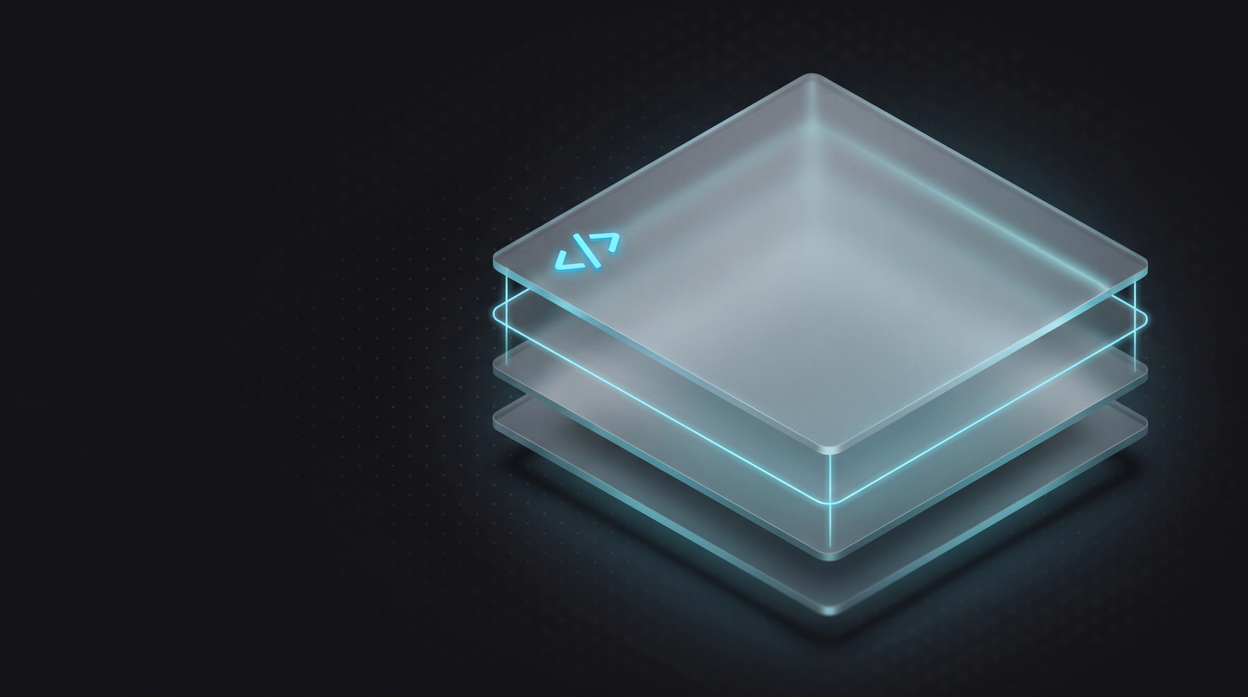 Stacked glass layers with a cyan code icon, a symbol for a modern web stack of Next.js, Astro and a headless CMS