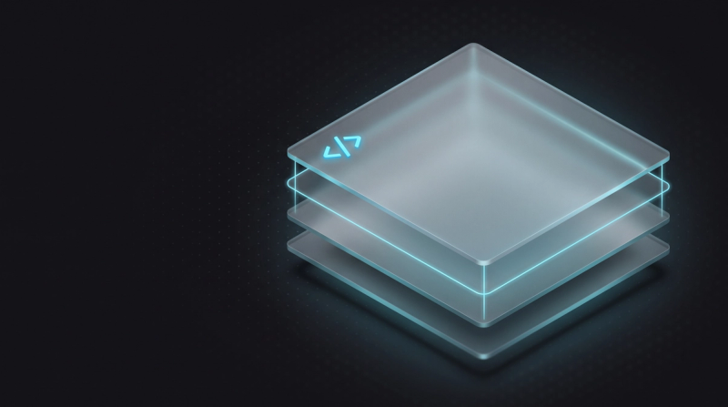 Stacked glass layers with a cyan code icon, a symbol for a modern web stack of Next.js, Astro and a headless CMS