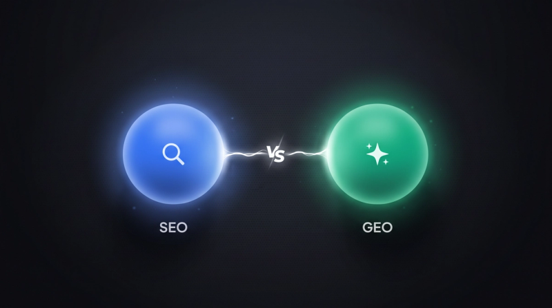Two glowing nodes with a magnifying glass and a spark symbolize SEO and GEO compared.