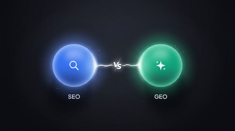 Zwei leuchtende Knoten mit Lupe und Funke symbolisieren SEO und GEO im Vergleich.