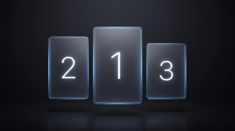 Three glass podium cards with the numbers 1, 2 and 3 on a dark background, a symbol for the ranking of the best web design agencies in Germany