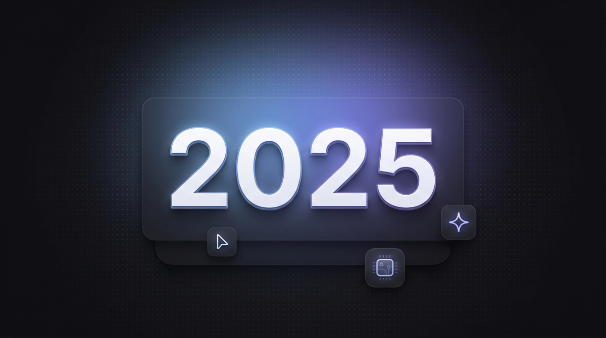 Schriftzug 2025 mit schwebenden Webdesign-Trend-Elementen.