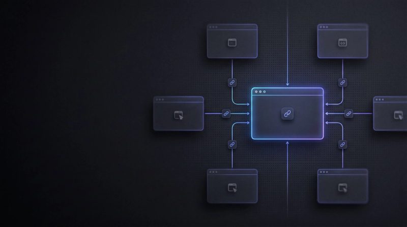 Dark thumbnail on building backlinks: a central website card that several surrounding pages point to via link connections with a chain icon.
