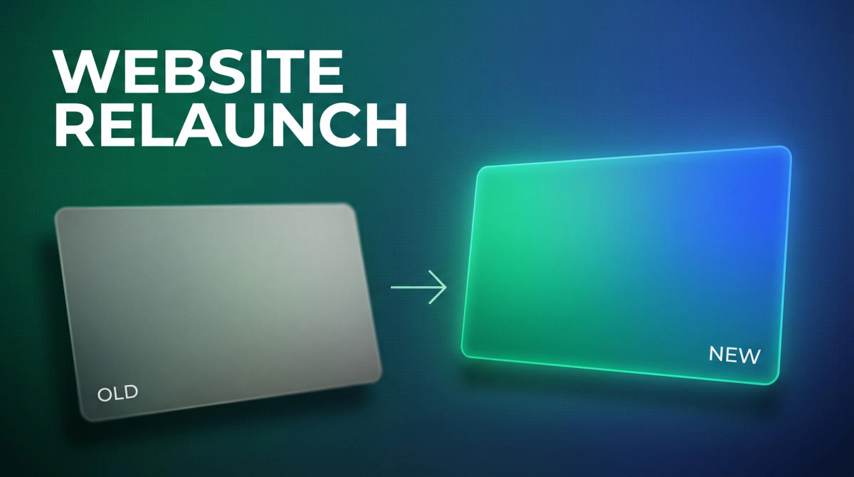 Buntes Thumbnail zum Thema Website-Relaunch: ein graues, verblasstes Panel (Old) und ein leuchtendes Smaragd-Blau-Panel (New), verbunden durch einen Pfeil.